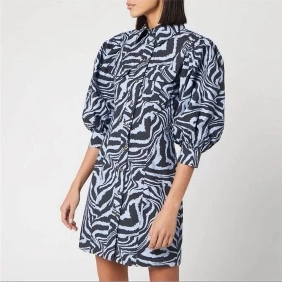 Women’s GANNI blue swirl pouf sleeve dress- Size 34 - Picture 2 of 10